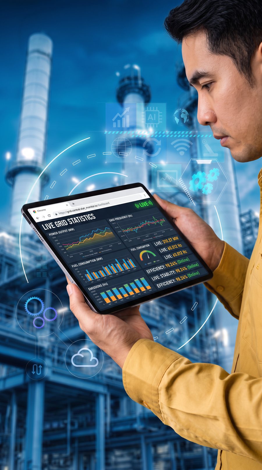 Engineer reviewing live grid statistics on a tablet in front of a power plant